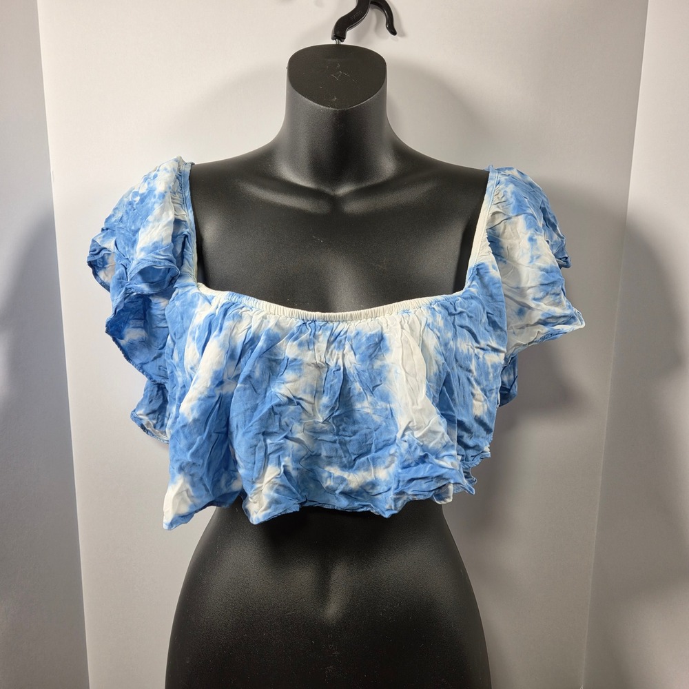 Forever 21 Blue Tie Dye Ruffle Crop Top Womens Medium Off Shoulder Boho